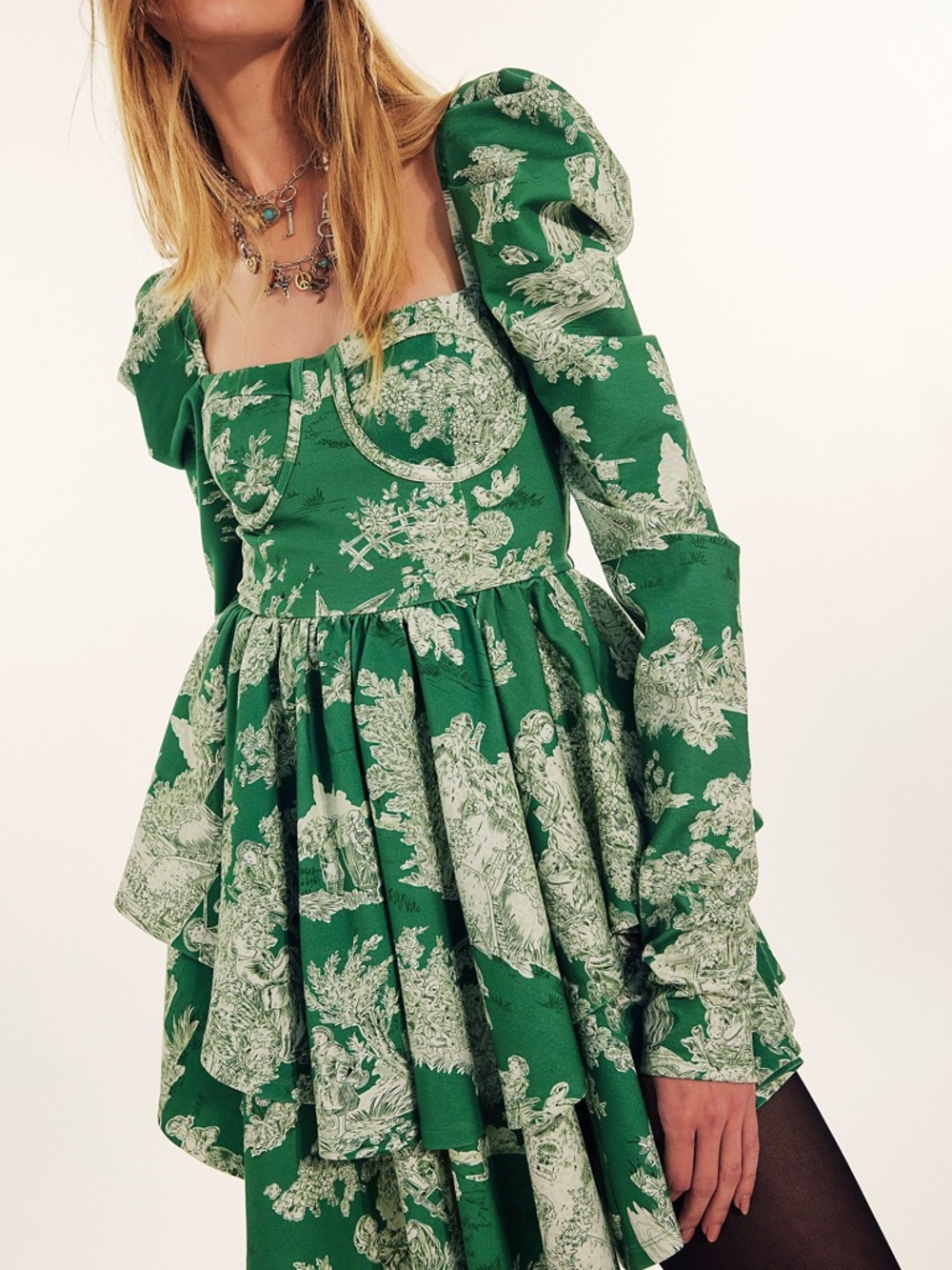 Selkie Boleyn Free People Green Toile Long Puff-Sleeve Mini Dress